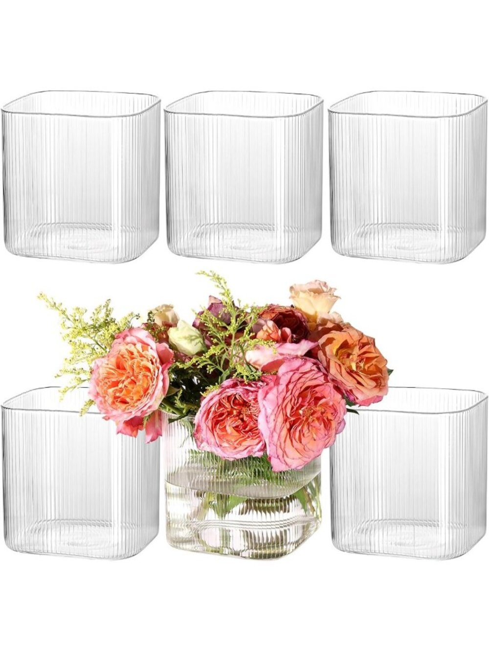 Set of 6 Square Clear Glass Vases - 5" Ribbed Flower Centerpieces for Home